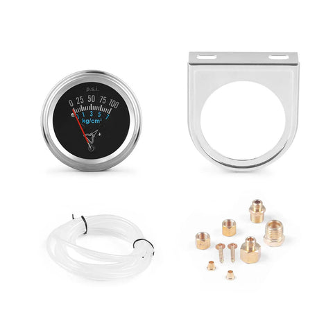 Front view of automotive oil pressure gauge kit with 2-inch chrome bezel, black dial, 0-100 psi; includes tubing and M8x1 brass adapters.