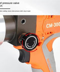 Portable Battery Powered Electric Hydraulic Cable Crimping Pliers With 360 Rotating Clamp showing relief pressure valve switch detail.