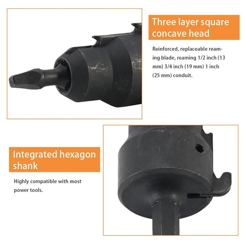 Power Conduit Reamer Tool Kit Beefy Pro Grade with universal fit showing hex shank and three-layer concave head for conduit reaming.
