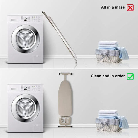 Illustration of Heavy Duty Wall Mount Ironing Board Hanger And Organizer For Laundry Rooms White Durable Steel Anti Rust Finish Easy Install Storage Rack For Most T Type Boards showing before and after installation with a washing machine.