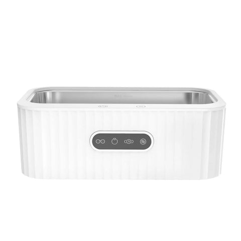 Compact Ultrasonic Cleaning Machine For Sparkling Jewelry, Glasses, Watches, And Delicate Items, white design with control panel.