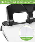 Heavy Duty Three Hole Punch For Binders, 40 Sheet Capacity, close-up of lever and paper being punched, shown with 40 sheets.