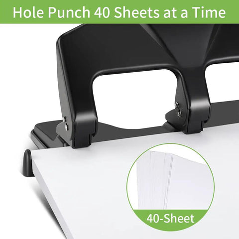 Heavy Duty Three Hole Punch For Binders, 40 Sheet Capacity, close-up of lever and paper being punched, shown with 40 sheets.