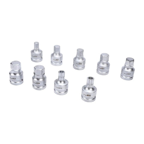 Rock Solid 9 Pcs Heavy Duty Impact Hex Bit Socket Set With 3 4 Inch Drive, Features Cr Mo Steel Build For Big Jobs Like H14 To H24 Size Allen And M16 M18 Spline Bits That Save Your Tools During Tough Repairs. 3/4 inch CrMo sockets H14-H24 and M16-M18