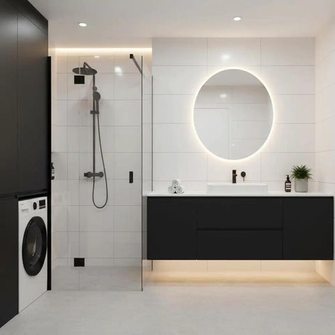 Modern bathroom with Peel And Stick Matte Solid Architectural Film Self Adhesive Vinyl For Walls Doors Countertops Backsplashes And Trim Easy DIY Door Wrap And Mirror Molding SG28 on walls and cabinetry.