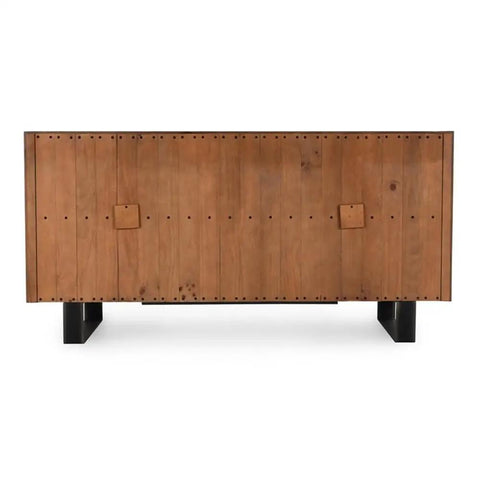 Top Tier 94 Inch Reclaimed Oak Wood Sideboard Buffet Cabinet Magnetic Doors Built In Wire Management Sturdy Open Shelving front view