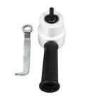 Dual Head Sheet Metal Cutter Nibbler Drill Attachment with black handle for burr-free cuts, shown with wrench tool, 360-degree alloy head.
