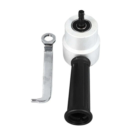 Dual Head Sheet Metal Cutter With 360 Degree Adjustable Nibbler Drill Attachment for iron, stainless steel, copper, tool handle visible