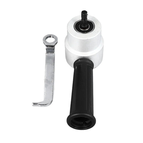 Double Head Sheet Metal Cutter With 360 Degree Rotation Nibbler Drill Attachment tool with black handle and metal key for use.