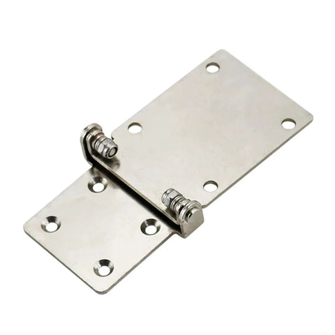Front view of industrial high-torque damping hinge hardware; two metal mounting plates with screw holes.