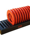 Premium Router Lift With Dead Smooth Height Adjustment And Tough As Nails Top Plate Includes Full Ten Piece Insert Ring Set Plus Quick Access Storage Tray For Woodworking Pros, featuring ten orange insert rings on a black storage tray.