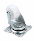 Built Tough Universal Swivel Casters Featuring Shock Resistant Ball Bearings White Nylon Roller Wheels Designed For Heavy Duty Platform Carts And Rolling Chairs No Sweat Operation close-up of swivel caster with white nylon wheel and metal bracket.