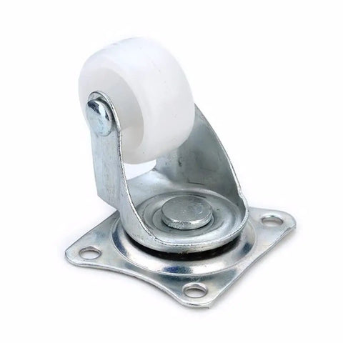 Built Tough Universal Swivel Casters Featuring Shock Resistant Ball Bearings White Nylon Roller Wheels Designed For Heavy Duty Platform Carts And Rolling Chairs No Sweat Operation close-up of swivel caster with white nylon wheel and metal bracket.