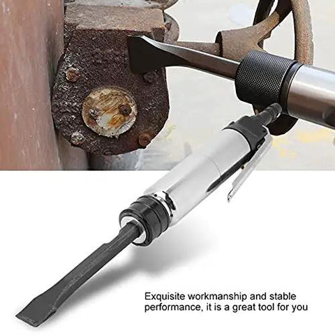Heavy Duty Pneumatic Air Chisel And Industrial Hammer Tool rips clean through weld slag on a metal surface, featuring a steel cylinder.