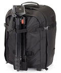 Urban Style Dope 17 Inch DSLR Laptop Backpack With Dedicated Camera Gear Compartments Fits Pro DSLR And Mirrorless Cameras Lenses Flashes Tripod And 17 Inch Laptop All Weather Cover, front view with attached tripod.