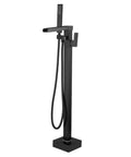 Freestanding Matte Black Bathtub Faucet With Waterfall Spout And Hand Shower Floor Mounted Brass Tub Filler For Modern Bathrooms