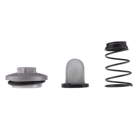 Premium Gy6 Oil Drain Plug Kit Featuring Durable Aluminum Screw With Rubber O-Ring Seal And Metal Filter Mesh For Leak-Free Scooter Maintenance And Smooth Engine Performance. 3-piece GY6 drain plug kit with aluminum screw, mesh filter, and spring
