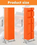 Set Of Two Pair Four Inch Soft Jaw Pads For Bench Vise With Knockout Magnetic Base shown in orange with size dimensions, featuring grip patterns.