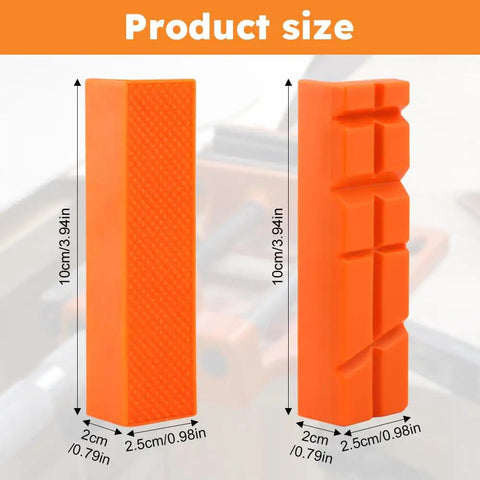 Set Of Two Pair Four Inch Soft Jaw Pads For Bench Vise With Knockout Magnetic Base shown in orange with size dimensions, featuring grip patterns.