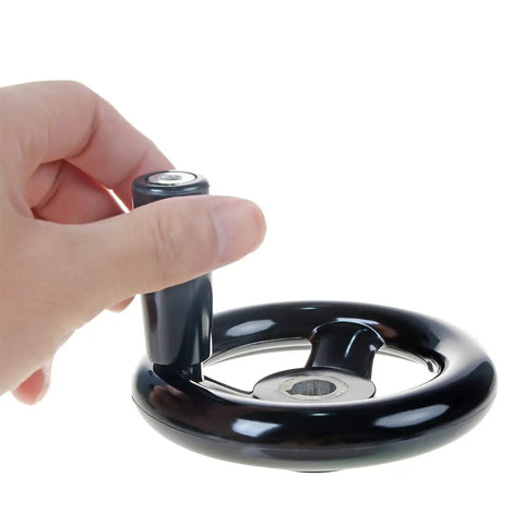 3.94 Inch Hand Wheel With Revolving Handle For Milling Machines, easy grip showcase, metal and plastic construction, 12mm bore.