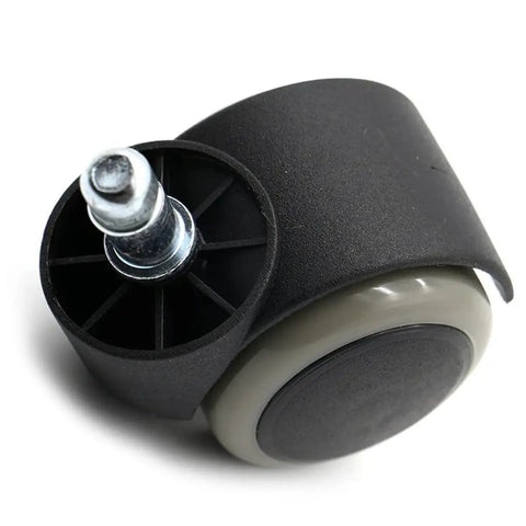 Silent Glide Office Chair Casters Twin Wheel Design 2 Inch Soft Rubber Rollers with a shiny metal stem for smooth rolling.
