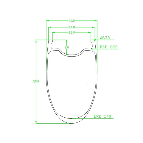 Engineering diagram of FL50 Max Carbon Disc Road Bike Wheelset 700C, 50mm Deep, 23mm Internal Width, 28mm External, Ultra Lightweight At 1395g Pair