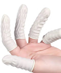 Top Shelf Anti Static Fingertip Protectors White Latex Finger Cots No Sweat Safety Gloves for electronics repair on fingers.