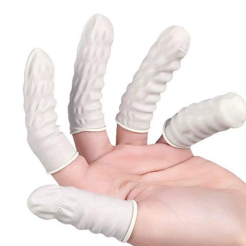 Top Shelf Anti Static Fingertip Protectors White Latex Finger Cots No Sweat Safety Gloves for electronics repair on fingers.