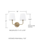 Dawson Decorative White Fabric Stay Straight Shade Bathroom Vanity Wall Mount Light Fixture 2 Light 120 Total Watts Slick Aged Brass Finish 12 Inch High By 16 Inch Wide with measurements
