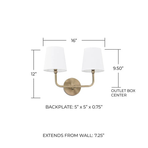 Dawson Decorative White Fabric Stay Straight Shade Bathroom Vanity Wall Mount Light Fixture 2 Light 120 Total Watts Slick Aged Brass Finish 12 Inch High By 16 Inch Wide with measurements