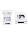 Compact Kitchen Workhorse Smart Countertop Dishwasher Automatic Tabletop Cleaner showing clean plates inside with lid open.
