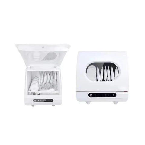 Compact Kitchen Workhorse Smart Countertop Dishwasher Automatic Tabletop Cleaner showing clean plates inside with lid open.