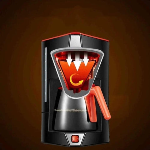 Top Shelf Automatic Espresso Maker Crushing Your Morning Grind While Pouring Killer Lattes Or Chilled Cold Brew Sips Around The House With Easy Drip Coffee And Tea Capabilities, sleek black and red design.