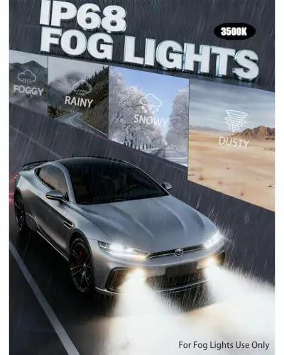 Car with 9005 9006 LED Bulbs Combo With 100000 Lumens Ultra Bright Daylight 6500K in foggy conditions, IP68 fog lights