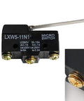 Front view of Tough Little Micro Limit Switch LXW5 11N1 1NO 1NC with Long Lever Arm, SPDT Snap Action for Machinery and Automation, IP62 Dustproof