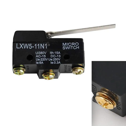 Front view of Tough Little Micro Limit Switch LXW5 11N1 1NO 1NC with Long Lever Arm, SPDT Snap Action for Machinery and Automation, IP62 Dustproof