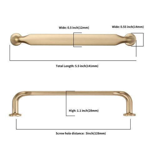 Super Sleek Brushed Brass Kitchen Cabinet Handles 10 Pack 5 Inch Metal Cupboard Pulls With Heavy Duty Screws, dimensions shown