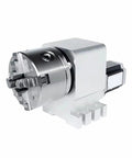 100Mm Center Height Cnc Rotary A Axis 4-Jaw Chuck Paired With Nema23 Stepper Motor side view, showcasing precise machining design.