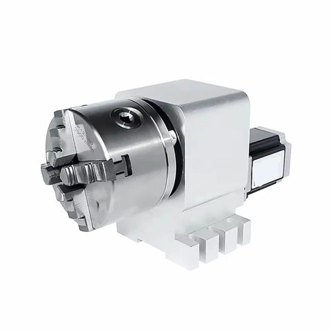 100Mm Center Height Cnc Rotary A Axis 4-Jaw Chuck Paired With Nema23 Stepper Motor side view, showcasing precise machining design.