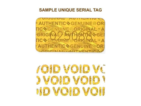 Sample unique serial tag featuring bold 'VOID' text and patterns ensuring product authenticity and originality.