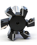 Side view of a slab flattening router bit with half inch shank, six wing carbide insert, two inch cutting diameter for CNC use.