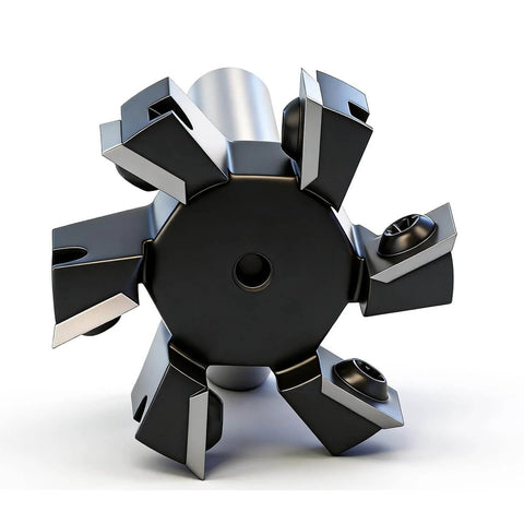 Side view of a slab flattening router bit with half inch shank, six wing carbide insert, two inch cutting diameter for CNC use.