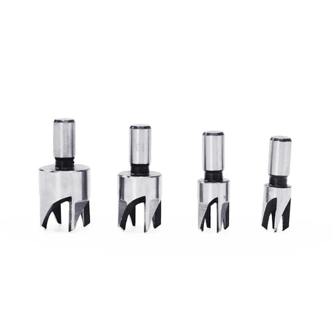 Kickass Eight Piece Wood Plug Cutter Drill Bit Set Made From Heavy Duty Carbon Steel And Titanium Coating For Slick Woodworking showing four cutter heads.