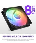 F120 RGB Core 120mm Hub Mounted RGB Fan With 8 Dope Addressable LEDs, semi-transparent blades, black frame, colorful lighting.