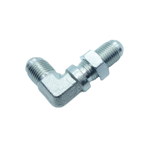 Two Piece Three Eighths Inch JIC Thirty Seven Degree Male Flare Bulkhead Elbow Hydraulic Steel Fitting For Air And Fluid Systems Such As Hydraulic Fluid ATV Isopropyl Alcohol Natural Gas Fuel Lubricants And Fresh Water, plated steel elbow