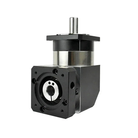 90 Degree Right Angle Planetary Gear Reducer Compatible With Nema 23 Stepper Motors Heavy Duty Aluminum Housing Featuring 50 To 1 Reduction Ratio And 22 Mm Input Shaft Runs Butter Smooth, showcasing the black and silver design.