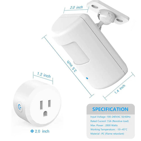 Plug In Wireless Motion Activated Light Control Kit With No Wiring Hassle 130 Ft RF Range and specifications shown