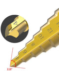 Close-up of Titanium Coated HSS Step Drill Bit Set For Wood And Metal Pro Grade Durable Multi Size Bits showing sharp edges.