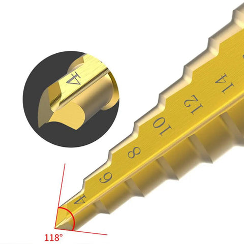 Close-up of Titanium Coated HSS Step Drill Bit Set For Wood And Metal Pro Grade Durable Multi Size Bits showing sharp edges.
