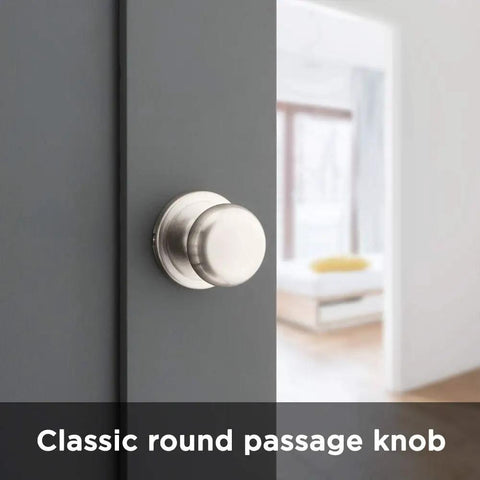 Juno Interior Non-Locking Passage Doorknob For Closets And Hallways, Satin Nickel Finish, installed on a grey door
